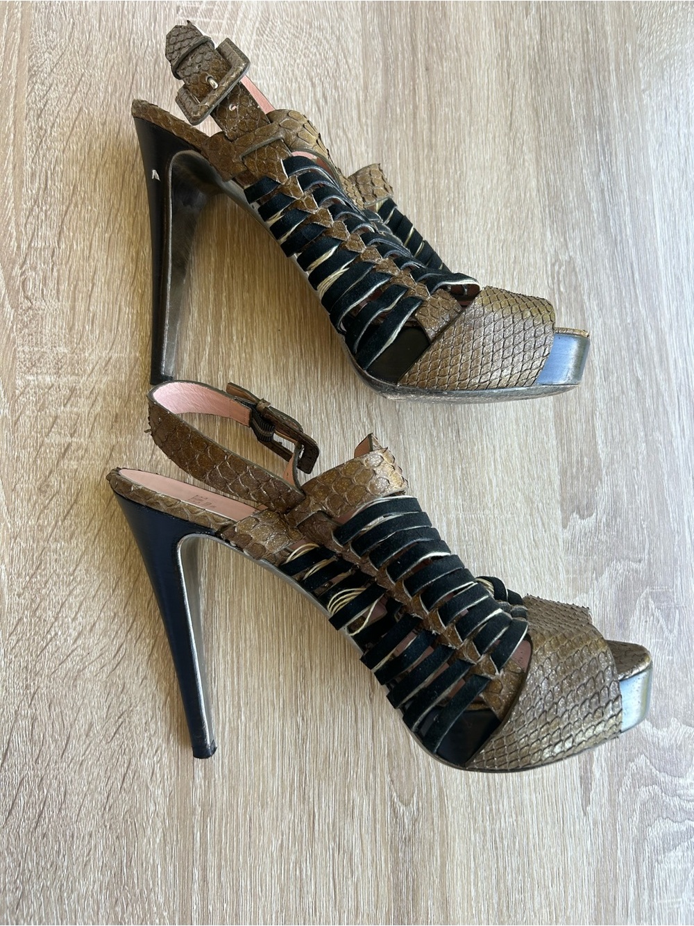 LOEWE Metallic Bronze & Black Woven Leather Slingback Sandals Y2K - Picture 5 of 8